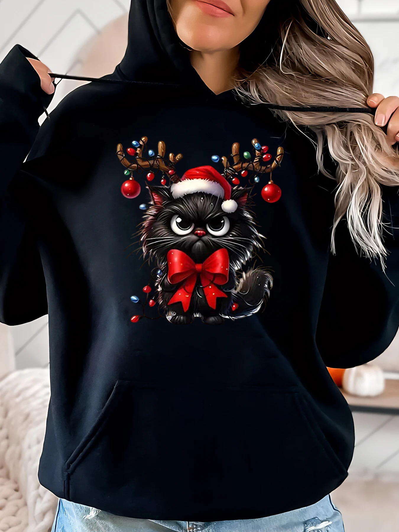 Christmas Cat with Reindeer Antlers and Santa Hat Print Holiday Hoodie Women Casual Winter Wear Black Plus-Size