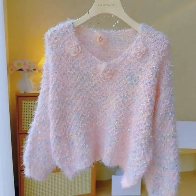 

Желтый свитер с v-образным вырезом в ленивом стиле, женский осенне-зимний уникальный трехмерный цветок, новая вязаная универсальная блузка