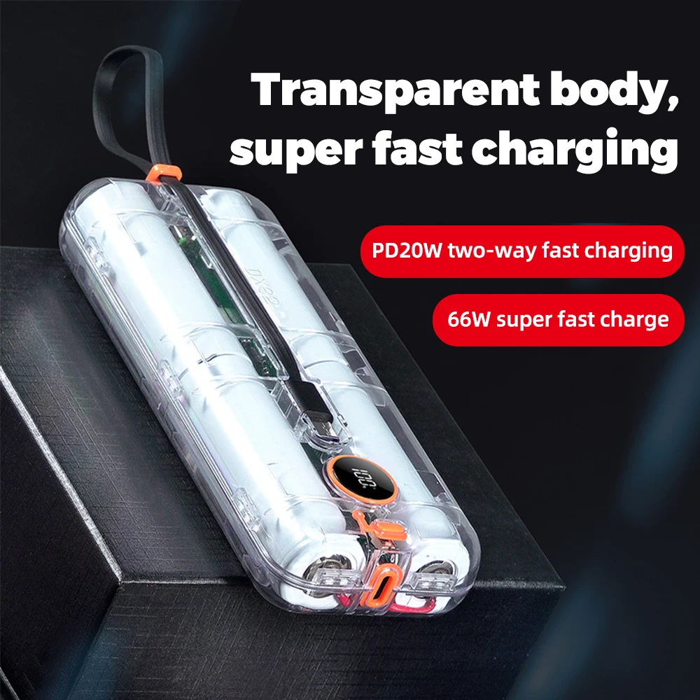 66W Supper Fast Charge Two-way PD 22.5W Transparent 20000mah Mech Style LED Screen Display With Two Lines Fast Charge Power Bank