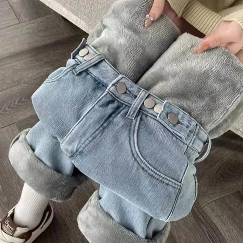 Women's Plush Thickened Warm Wide Leg Jeans Adjust Waist Slimming Draped Retro Fleece Lined Straight Denim Pants