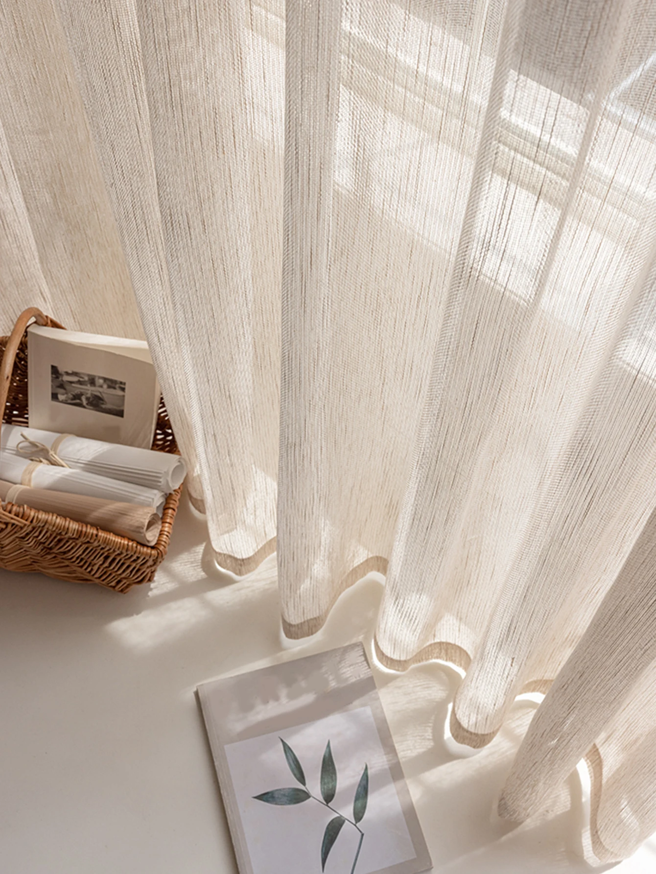 Sheer Curtain beige linen Japanese Korean style Mori Style Luxury 100% Polyester   Sheer Curtain for House Living Room Bedroom