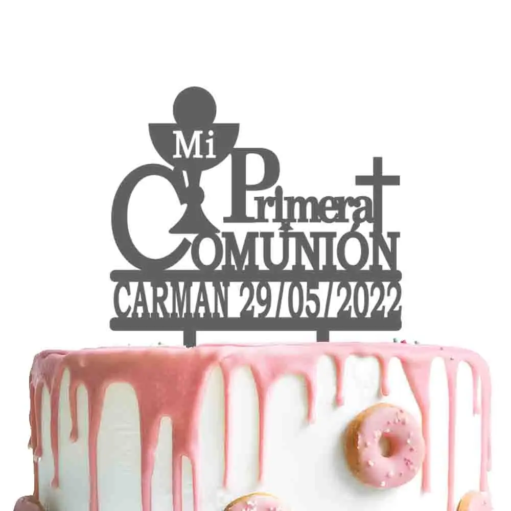 Décoration de gâteau espagnole Mi Primera Comunión, nom personnalisé, Date, pour enfants d'espagne, décoration de gâteau de fête de Communion, YC128