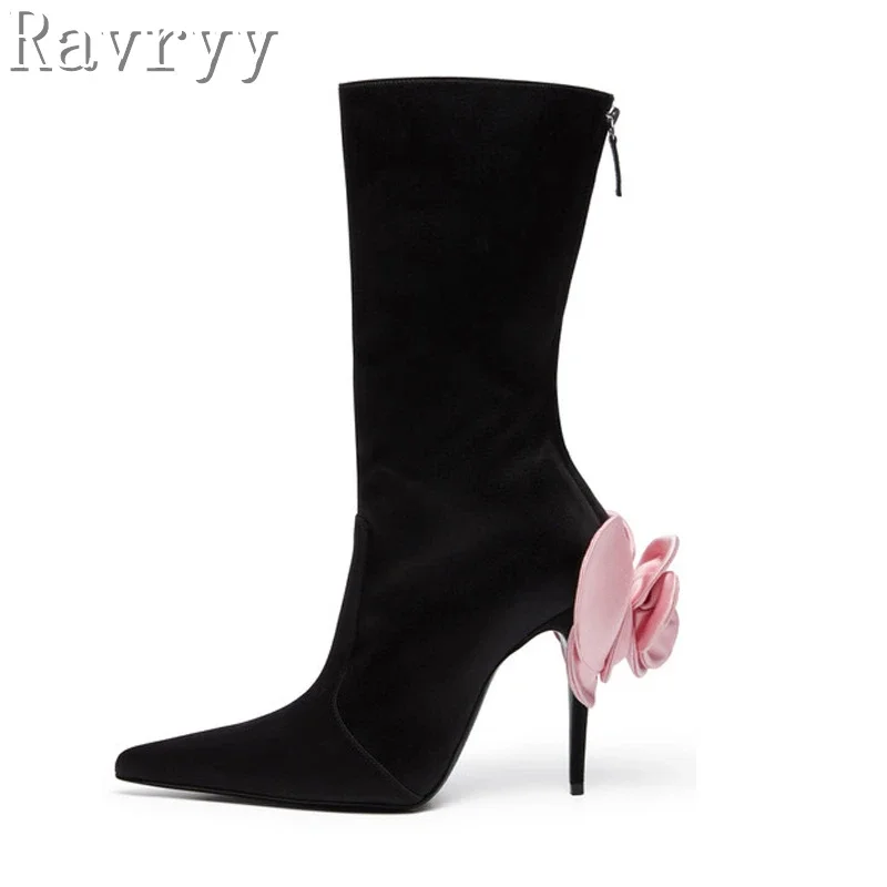 

Rose Flower Pointed Toe Mid Calf Boots Women Luxury Design Thin High Heel Back Zipper Boot Fashion Winter Stiletto Shoes