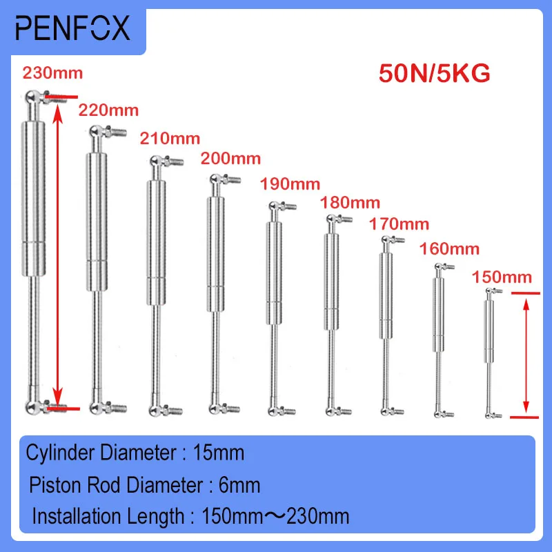 1 PC 150mm-230mm 50N/5KG 304 Stainless Steel Hydraulic Support Rod Medical Equipment Food Machinery Yacht Pneumatic Gas Spring