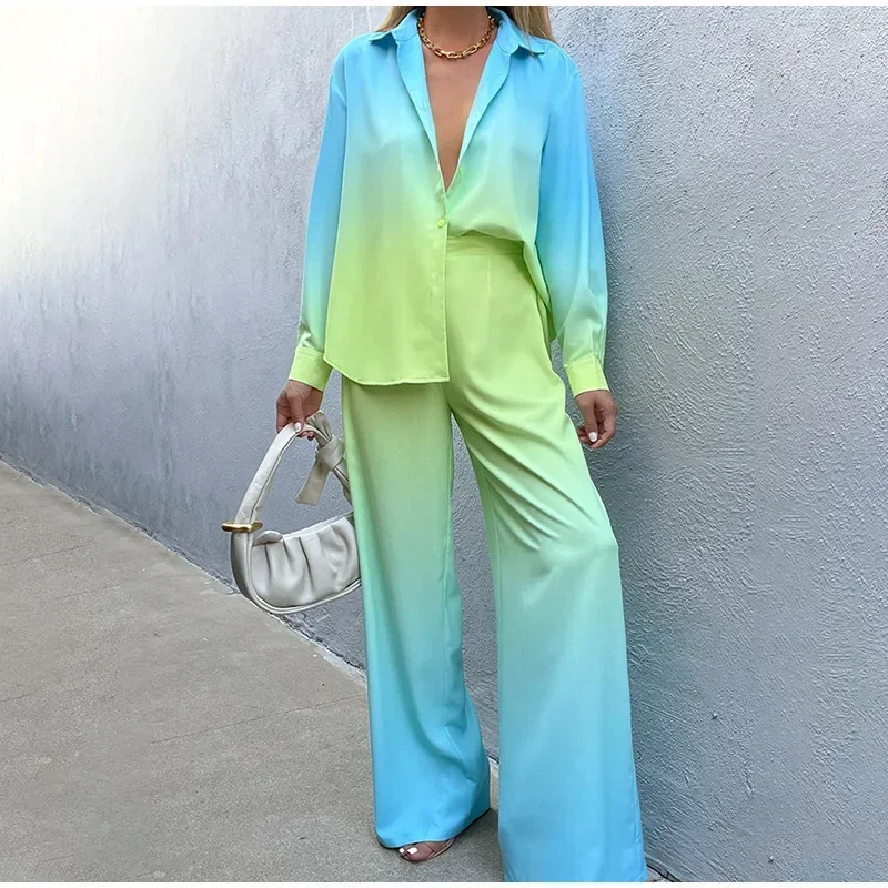 Women Long Sleeve Turn-down Collar Shirt High Waist Pocket Wide Leg Pants Suit 2023 Spring Autumn Gradient Color Two-Piece Suit