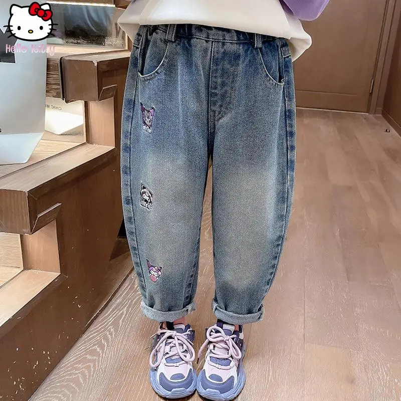 

Hello Kitty Girls Pants Autumn Kawaii Anime Thin Jeans Sanrio Kuromi Kids New Fashion Sweet Straight Leg Pants Wide Leg Pants
