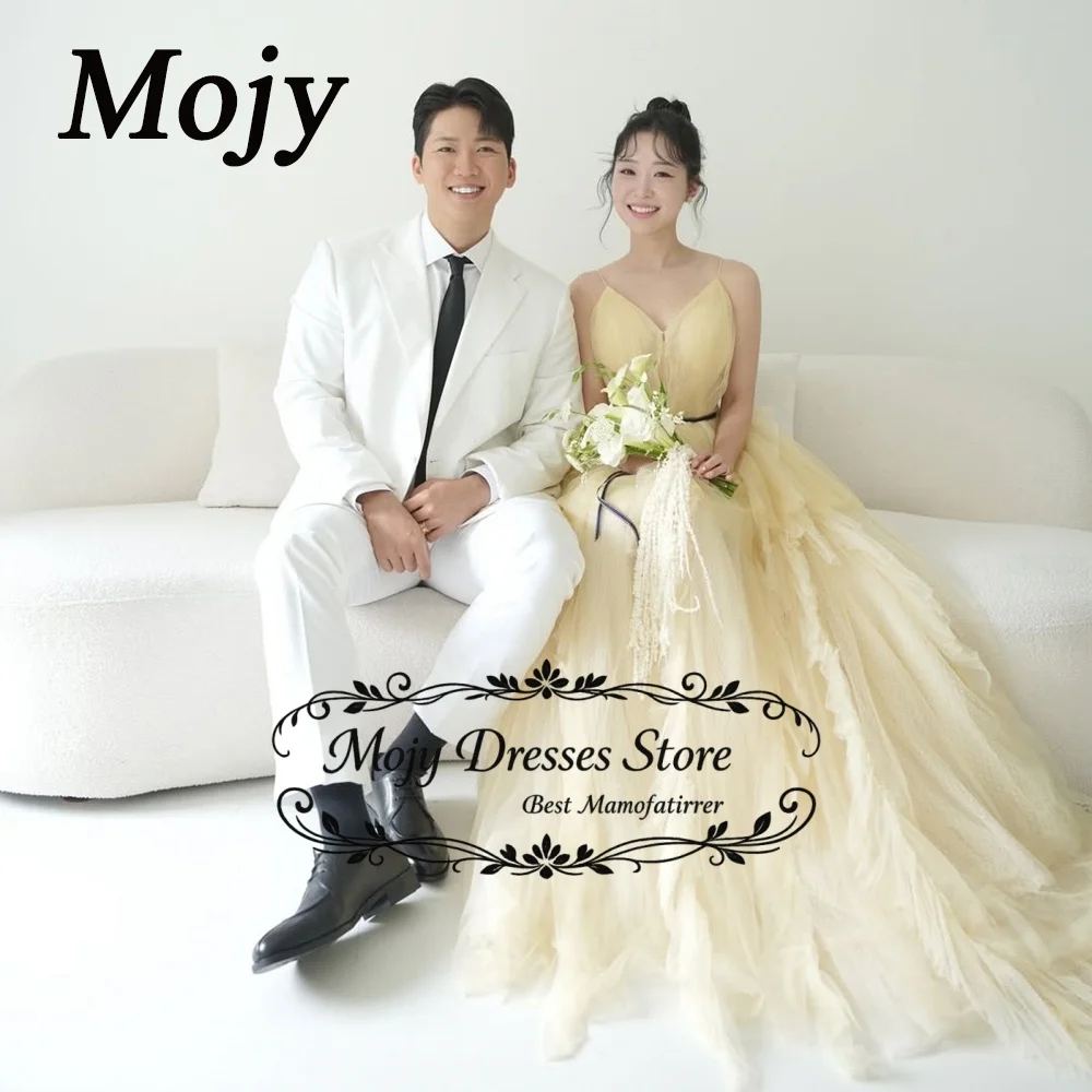 Mojy 2026 Yellow V-Neck Korea Evening Dresses Photos Shoot Tulle Evening Dresses Wedding Shoot Dress Long Corset Custom Made