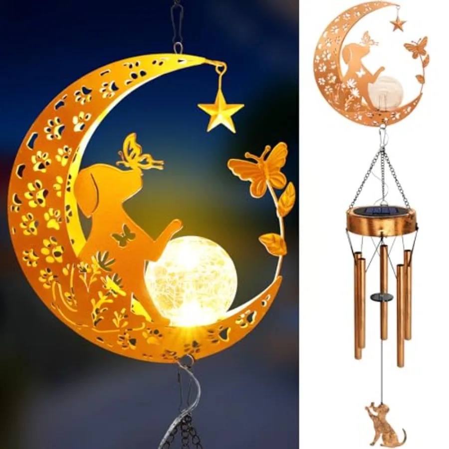 2Pack Solar Wind Chimes for Outside, Dog Lover Gifts for Mom Women Men Birthday Mothers Day, Hanging Outdoor Decor Cracked Glas