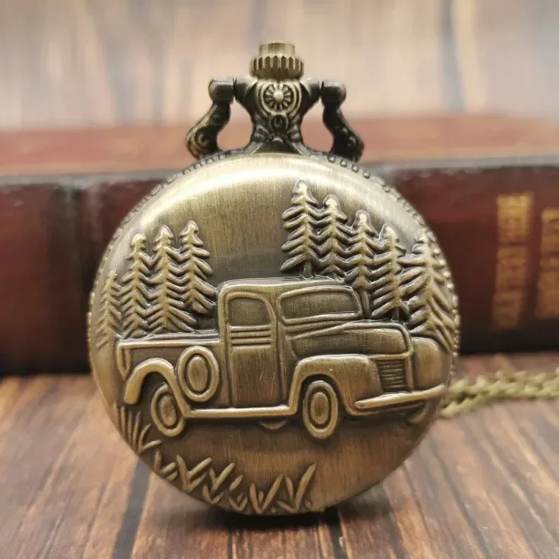 خمر سيارة شاحنة البرونزية ساعة جيب كوارتز التناظرية قلادة قلادة فوب ساعة تذكارية ساعة الجيب هدية للنساء الرجال الاطفال #2