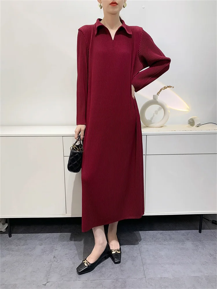 Miyake Large Toothpick Pleated Dress Women's 2024 Spring Autumn Thickened Fashionable Casual Long-sleeved POLO Collar Long Skirt