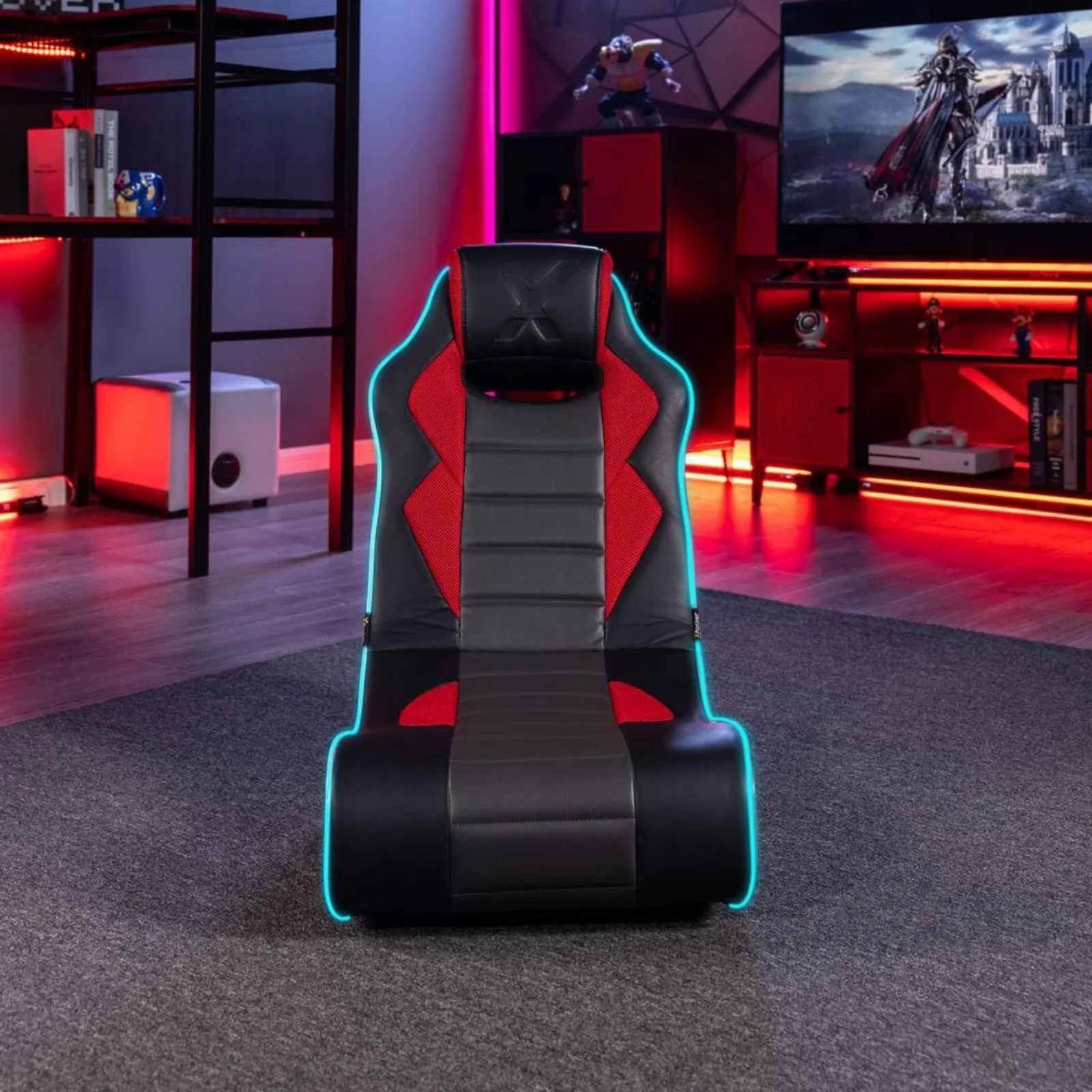 Kursi goyang lantai game ergonomis kulit imitasi US dengan speaker warna hitam, tanpa lengan