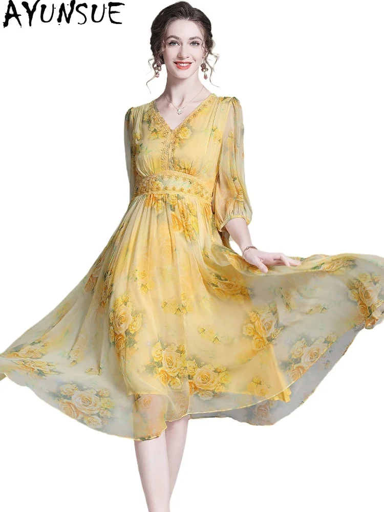 

AYUNSUE Элегантное платье из 100% натурального шелка тутового шелкопряда для женщин, летняя одежда, высококачественное длинное платье, женские вечерние платья, платье женское