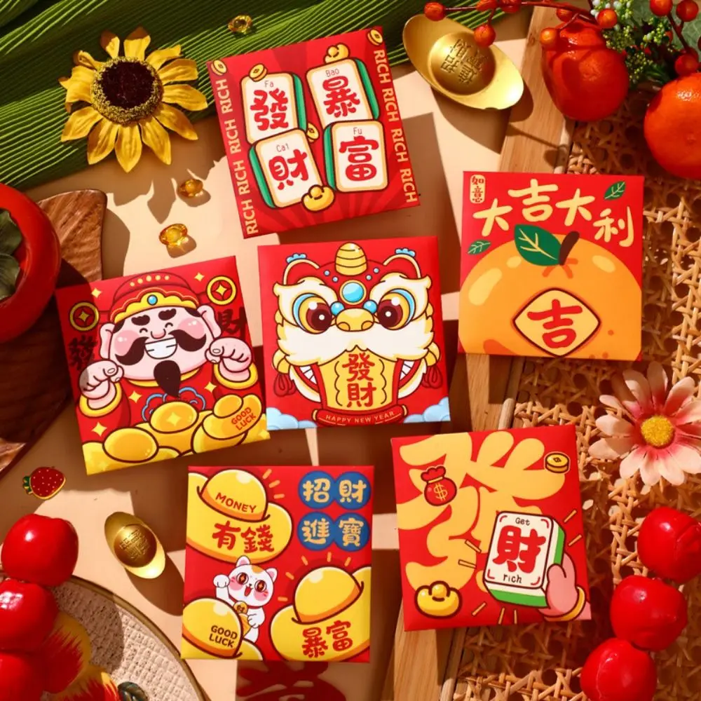 6 Stuks Cartoon Chinese Slang Jaar Rode Envelop Zegeningen Afdrukken Traditionele Nieuwjaar Geld Envelop Gemengd Patroon Verdikte