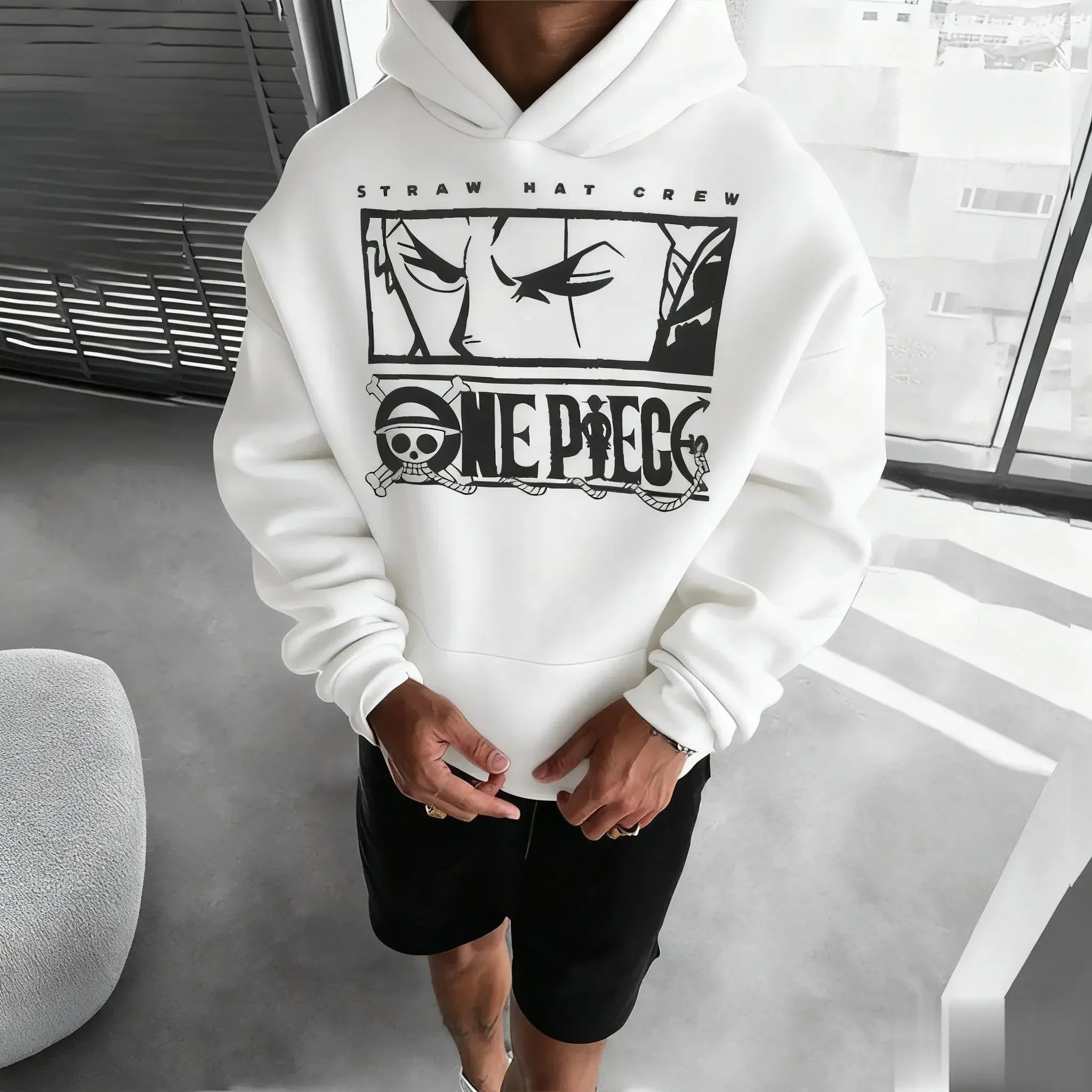 One Piece Hoodie, Unisex-Kapuzenpullover mit Kordelzug, Strohhut, Crew-Design, Anime-Motiv, Frontdruck, Streetwear, lässiger Pullover mit langen Ärmeln.