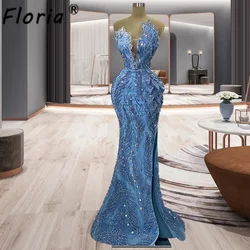 Handmade Beaded Stones Crystal Prom Dresses Blue 3D Leaves Apppliques Slit Mermaid Formal Evening Occasion Gowns Robe De Soiree
