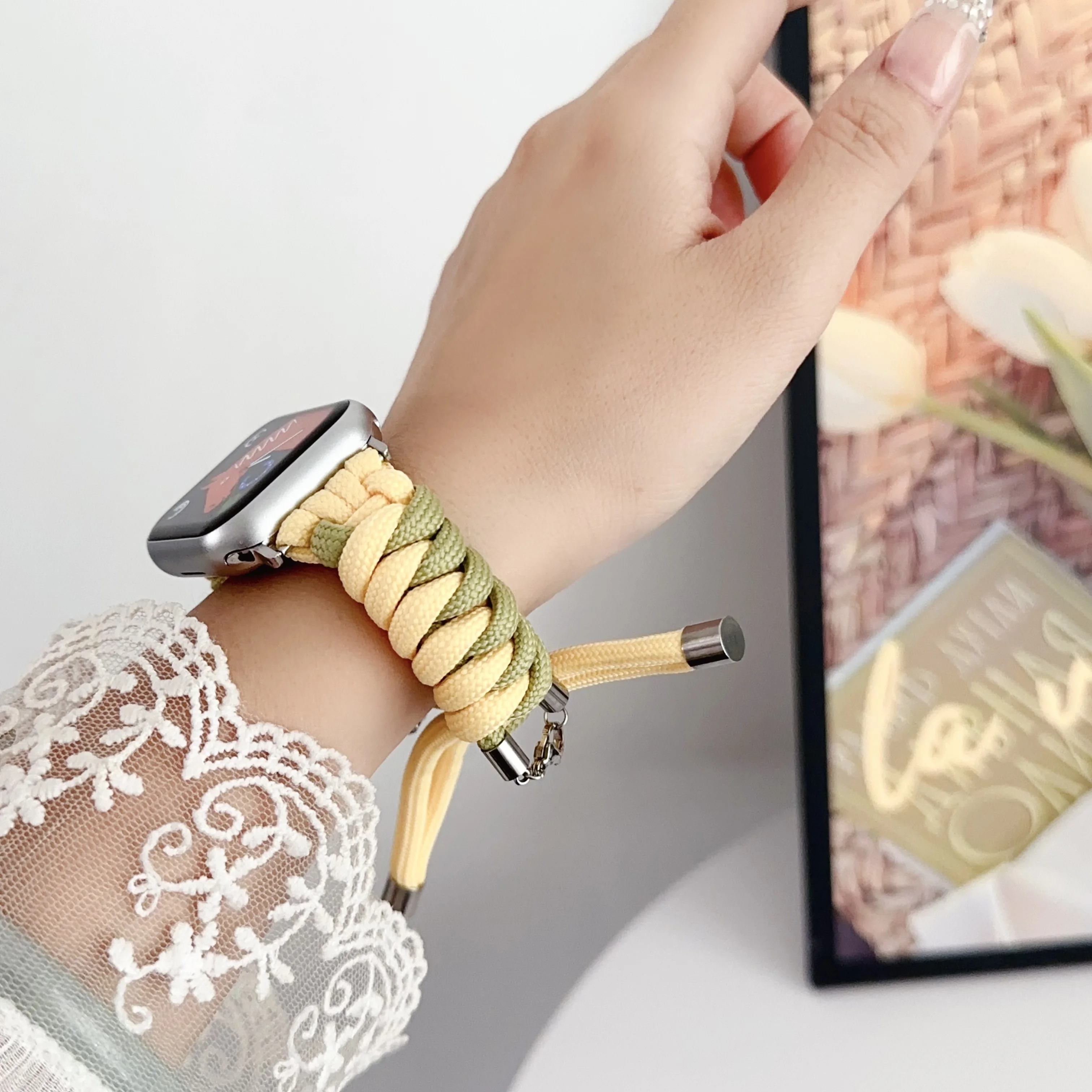 Para iwatch 10/ 987654   Pulseira de relógio dopamina tecida à mão guarda-chuva criativa corda ultra2 nylon pull-out ajustável pulseira esportiva de verão