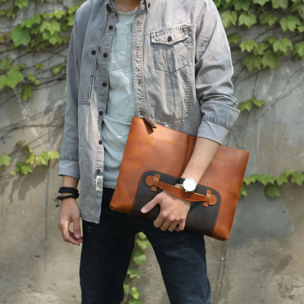 S.WORKER Clutch-Tasche aus echtem Vollnarben-Rindsleder, Herren-Handtasche, Vintage-Tasche, lässige Handtasche mit großem Fassungsvermögen für Herren – Detail 3