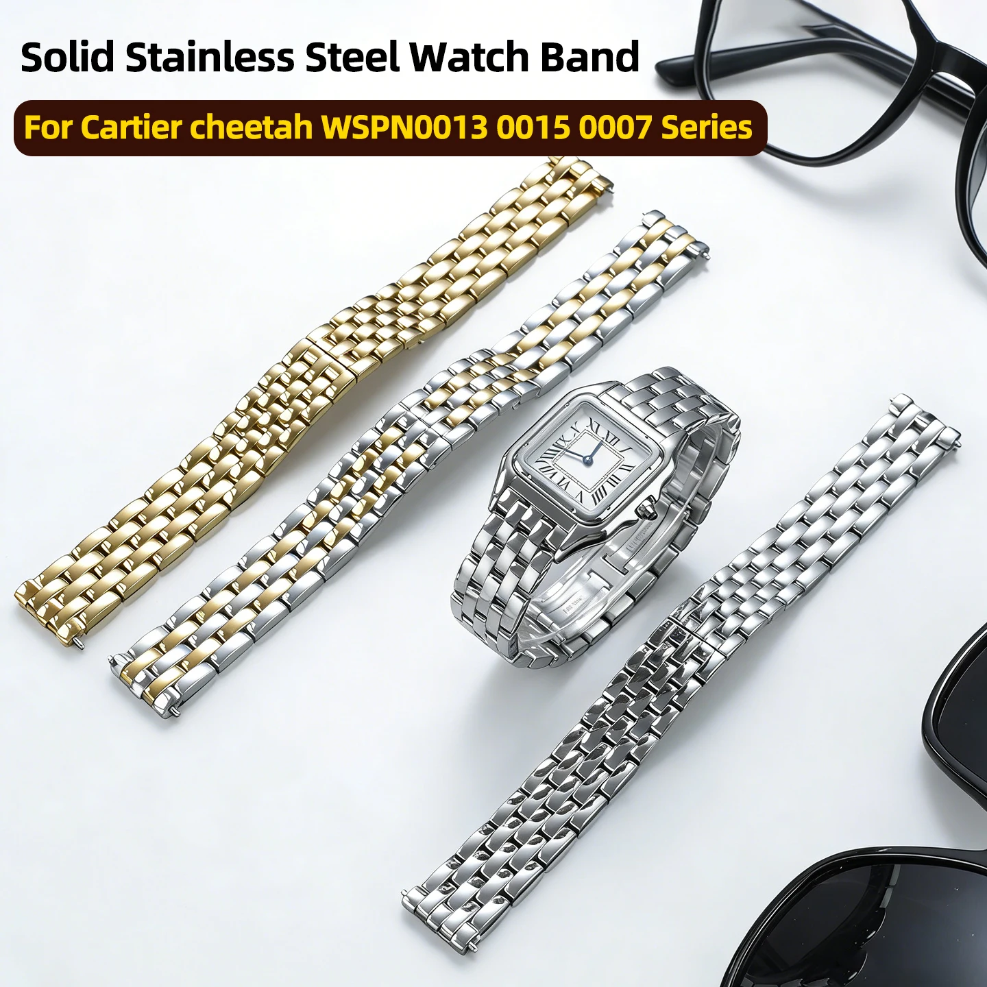 

Ремешок для часов из цельной нержавеющей стали для Cartier Cheetah WSPN0013 0015 0007, женский браслет, ремешок 12 мм, 15 мм, 18 мм