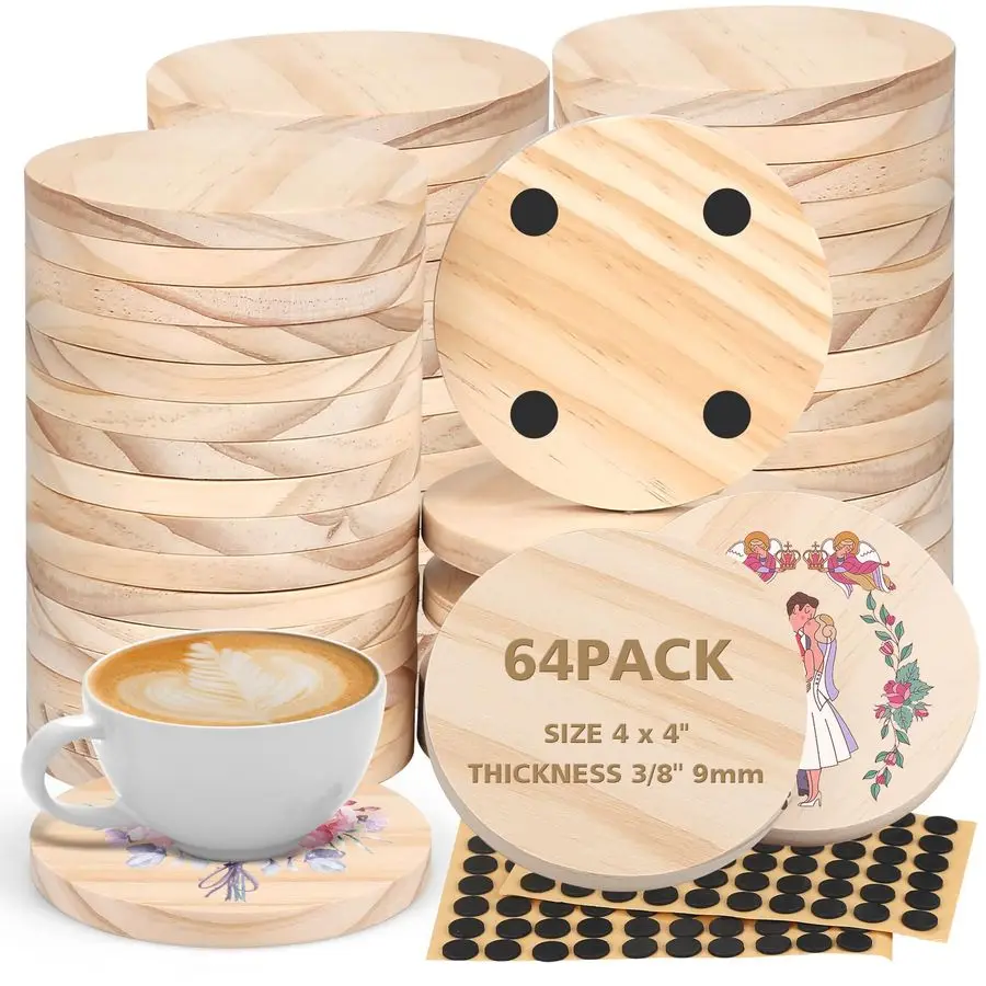 

64Pcs Unfinished Wood Coasters, 4 Round Wooden Coasters Tabletop Protection with NonSlip Dot for Drinks, 9mm Blank Wood Coasters