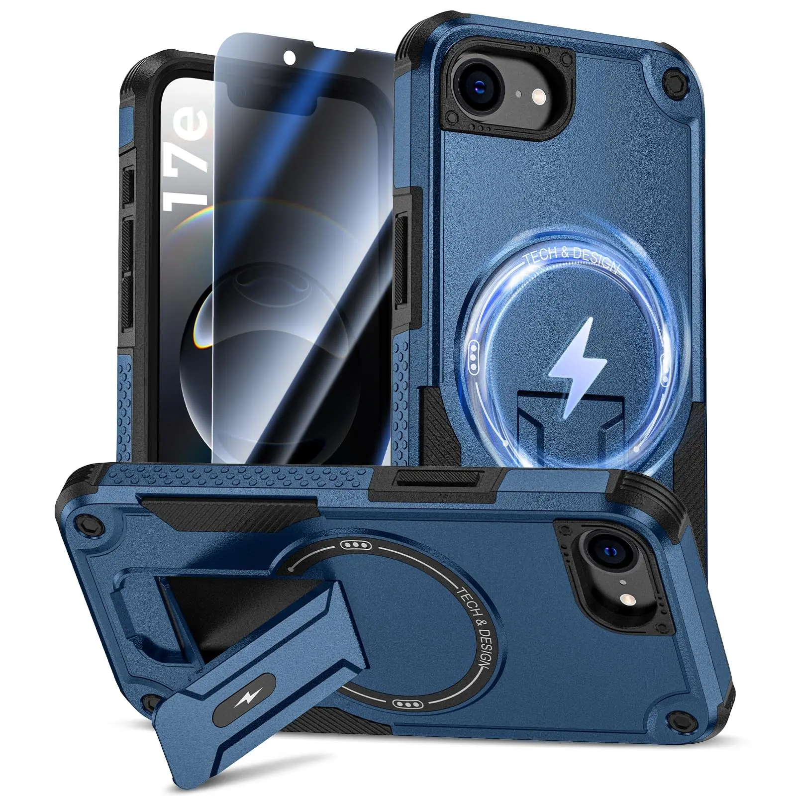 Coque Goton pour iPhone 17e/16e avec protection d'écran en verre trempé anti-espion, compatible MagSafe, béquille invisible, antichoc