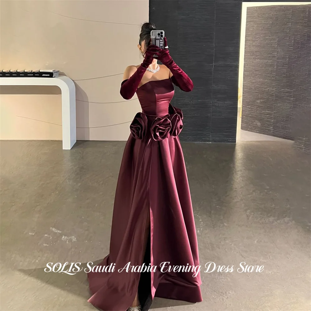 

SOLIS Burgundy Party Dress Strapless Night Dress A Line فساتين سهره with Slit Celebrity Dresses 3D Floral Customized