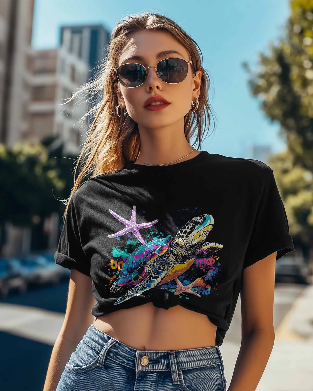 Abstract Splashing Beach Shell Sea Star Turtle T-Shirt Lover Gift Sweatshirt Fitness T-shirt Short Sleeve O-neck Clothing Tops