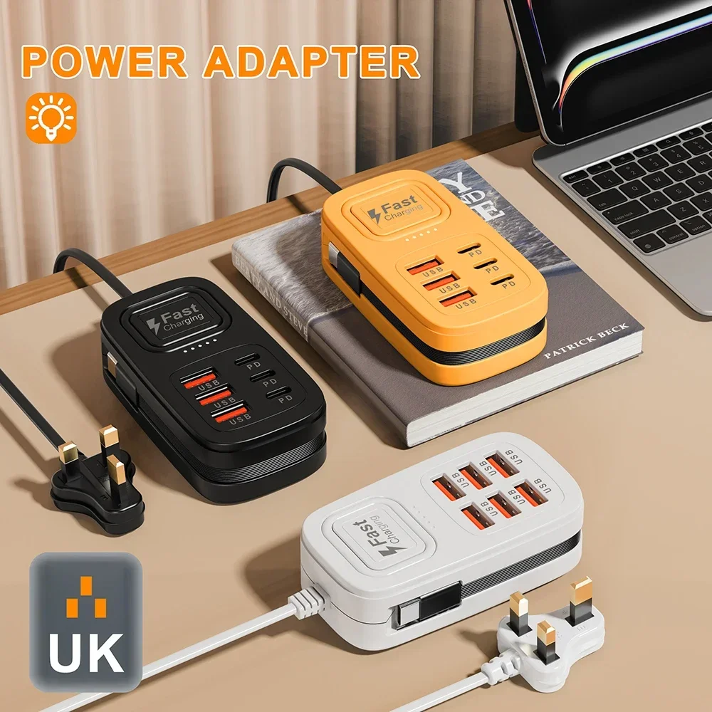 6-in-1-Desktop-USB-Ladestation, Typ-C-Schnellladegerät, Telefonladegerät, Mehrfachsteckdosenleiste für iPhone, Samsung, Xiaomi, EU/US/UK-Stecker – Detail 8