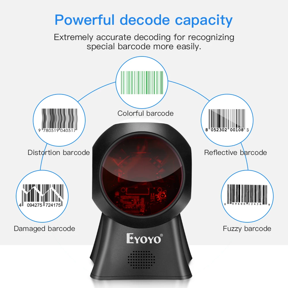 Eyoyo USB Wired Platform Barcode Reader 1D/2D Desktop Bar Codes Scanner Auto-sense Scanning For Library Supermarket Retail Store