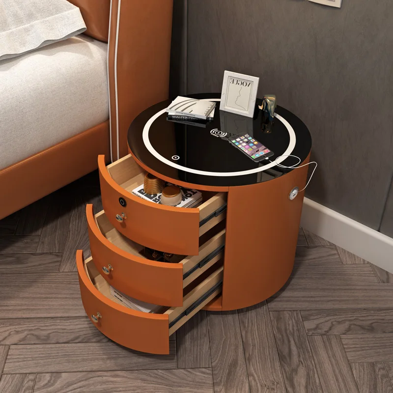 Nordic Multifunctional Nightstands Modern Round Cute Smart Bedside Table With Wireless Charger Lock Nachttisch Home Furniture