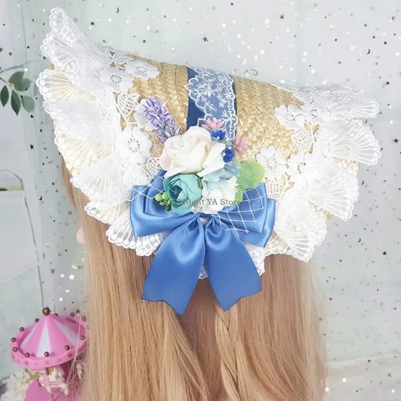 Handmade Pastoral Bonnet Straw Hat Sweet Ruffled Lace Trimming Ribbon Elegant Tea Party Cosplay untuk Sun