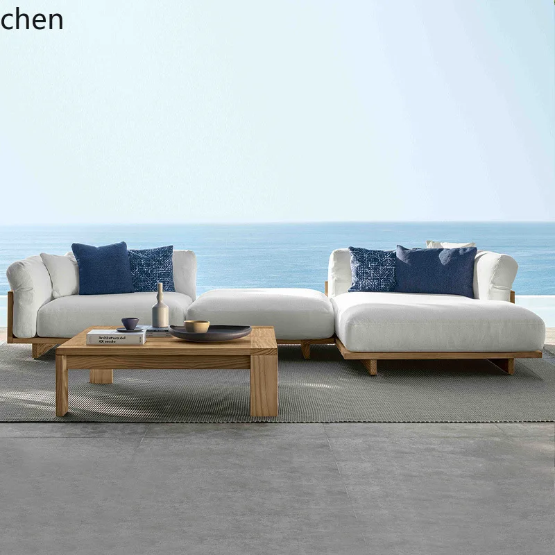 HT Outdoor Courtyard Teak Sofa Outdoor Garden Yard Balcony B&B Waterproof Sunscreen Solid Wood Sofa Furniture