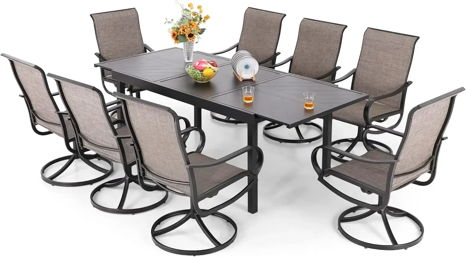 9 Piece Outdoor Dining Set, Patio Table and Chairs Set with 8 Swivel Dining Chairs & Full Metal Extendable Table