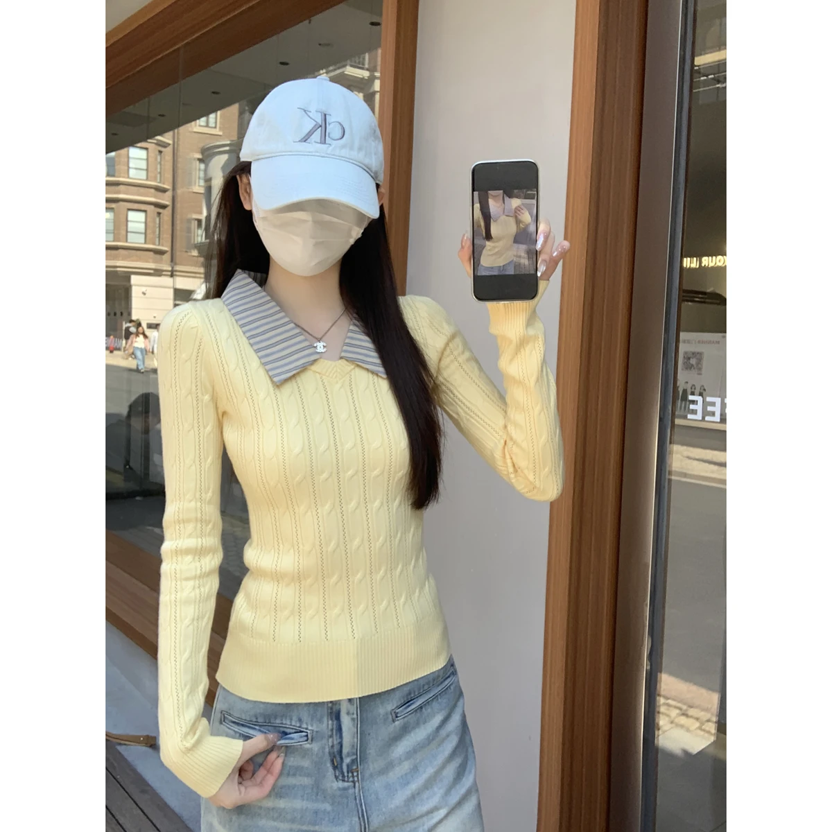 

2026 Autumn New Sle Korean Ne Knitted Top Women's Plaid Fake Two-Piece Soft Regular Fit Long Sve Commute Wear
