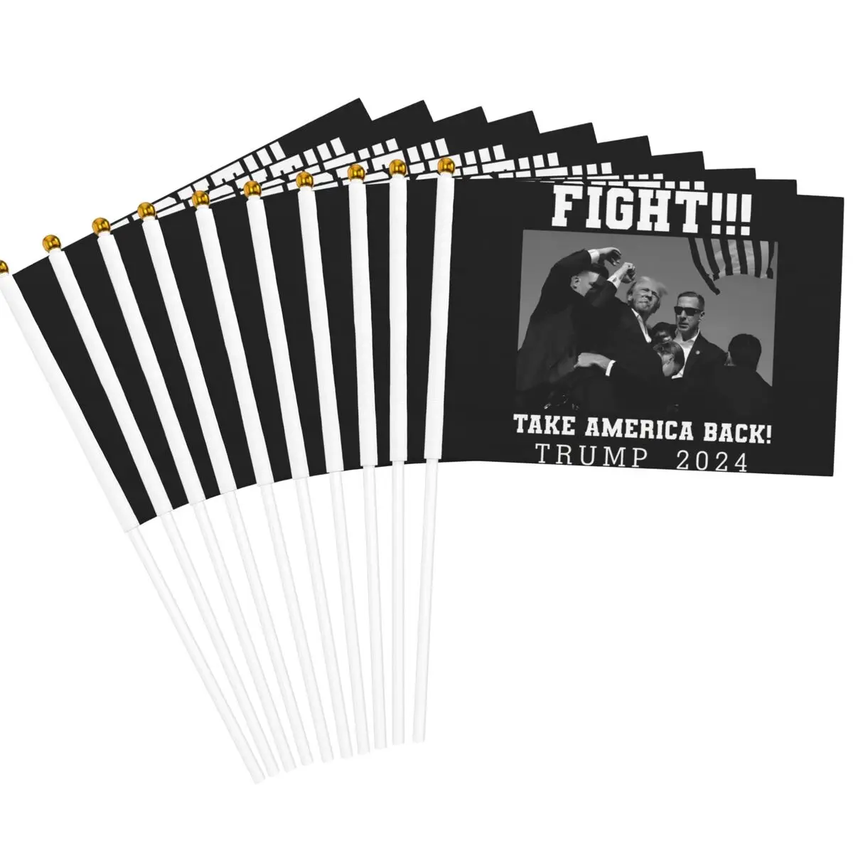 10 Pack Trump Shot Fight For America Handheld Flags 5.5x8.3 Inch Golden Spear Top 2024 President Stick Flags