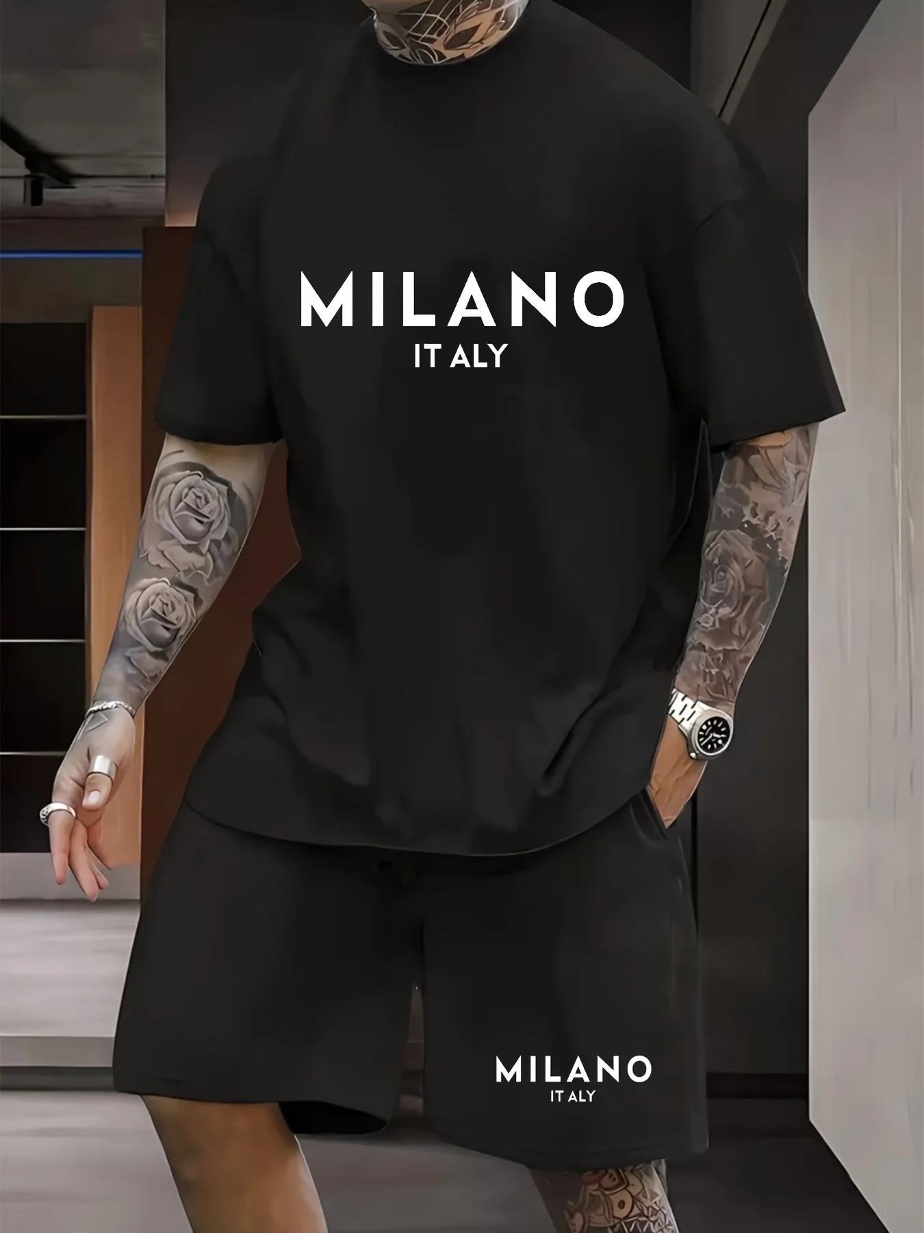 Men's home wear set - high-end short-sleeved four-season style -men's elastic waist drawstring pants - suitable for outdoor wear