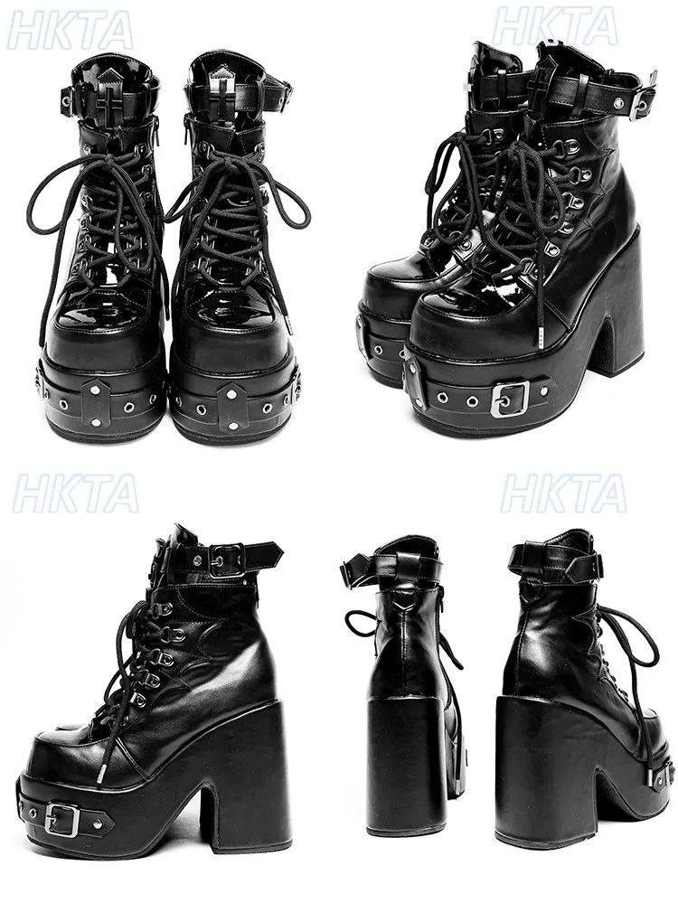 Subculture Y2k Cool Square Heel Round Head Heightened Platform Booties Goth Dark Punk Muffin Bow Lace Up Pu Black Shoes Women
