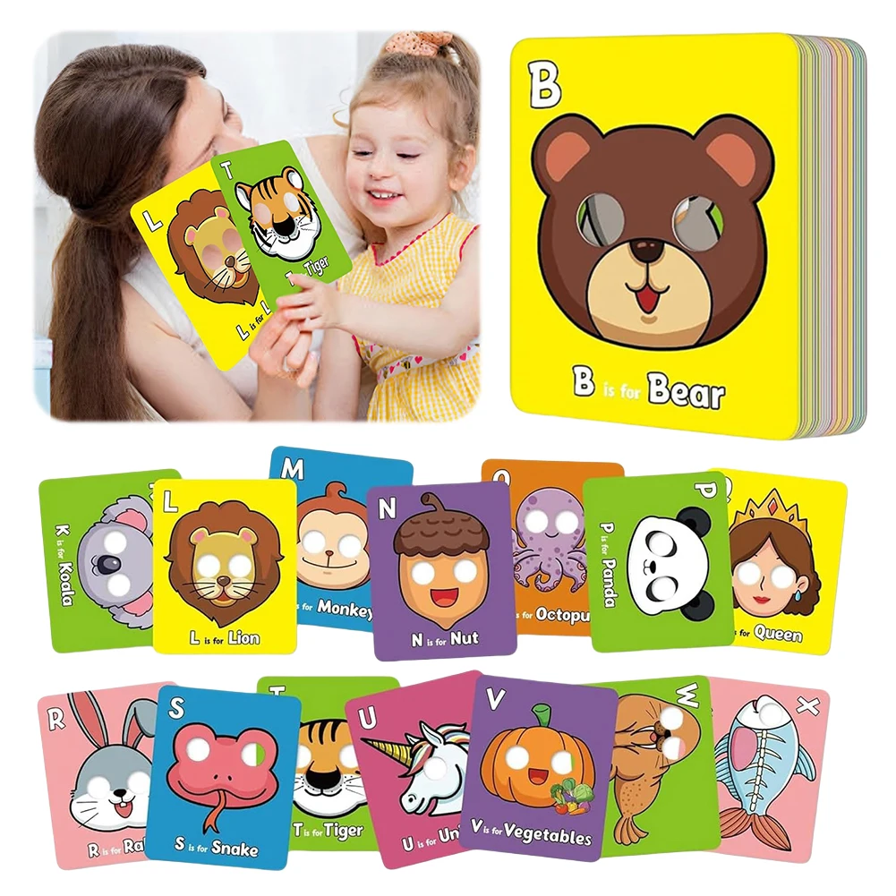 26-teiliges Alphabet ABC Lernkarten-Set mit Tiermasken, Bunte Alphabet-Maskenkarten, Pädagogisches Lernspielzeug zur Buchstabenerkennung