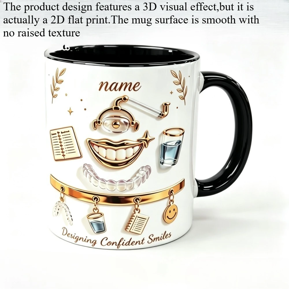 1pc Custom Name Dentist Doctor Mug Coffee Cup 11 Oz White Ceramic Cup Pink Handle 2D Flat Printing Braces Invisalign Design for