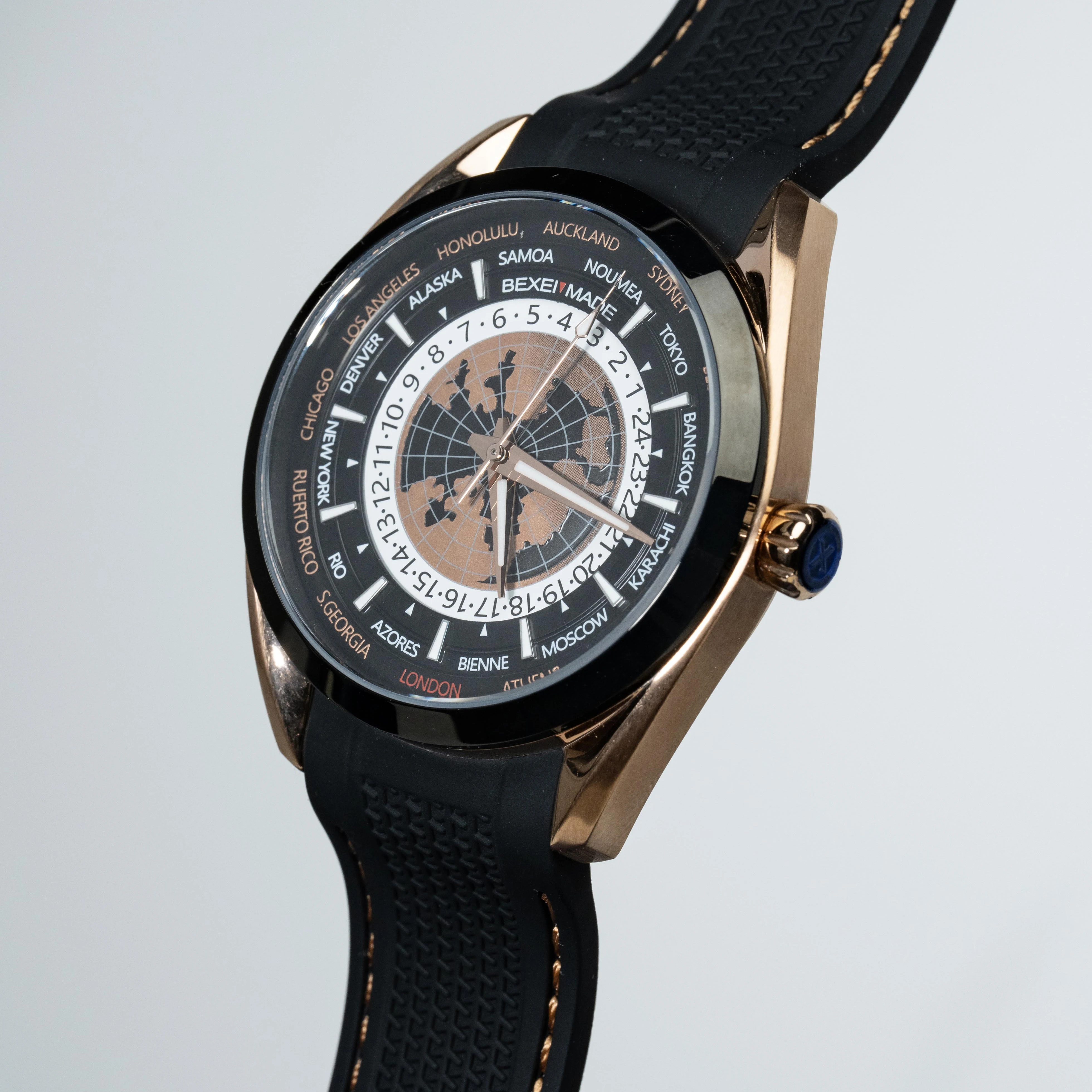 BEXEI ساعة التوقيت العالمي 42H احتياطي الطاقة الميكانيكية الحركة الأوتوماتيكية رجل ساعة الياقوت نمط الأعمال 9185