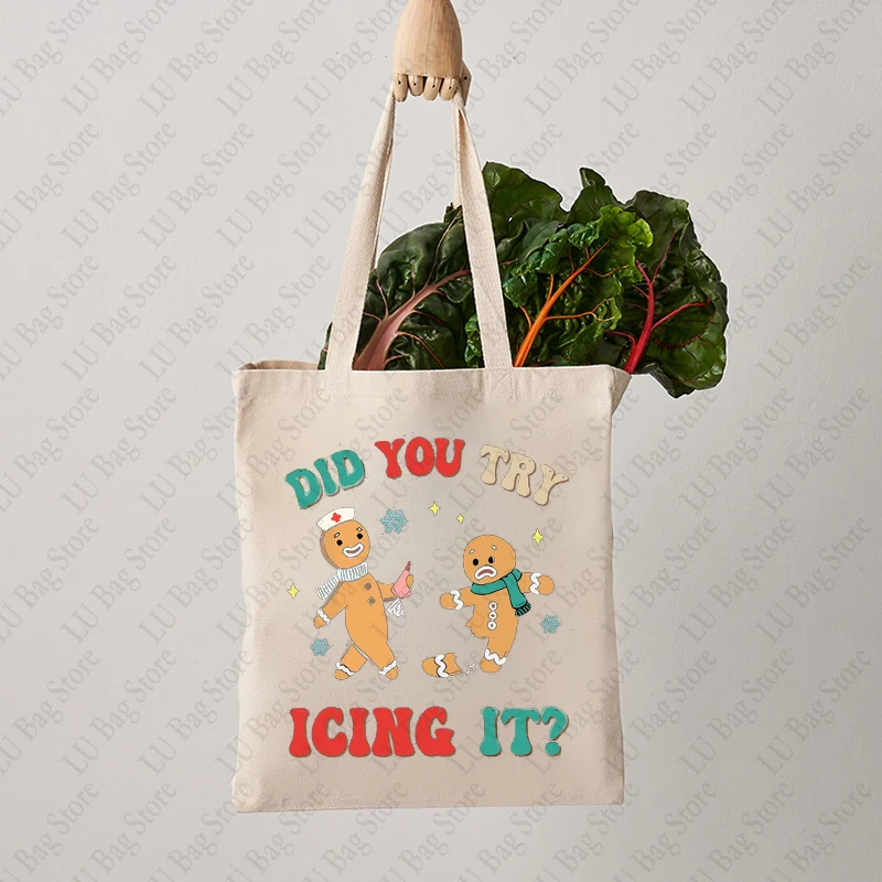 Funny Christmas Nurse Did You Try Icing It Pattern Tote Bag Canvas Shoulder Bags for Daily Commute Women's Reusable Shopping Bag