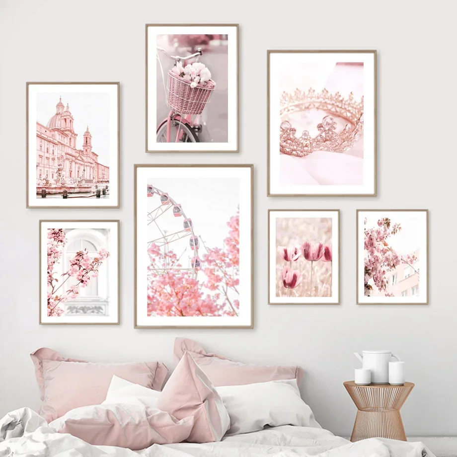 1pc frameless Canvas Painting 1pc frameless Canvas Painting Pink Castle Flower Poster Pearl Crown Rose Ferris Wheel Canvas Paint