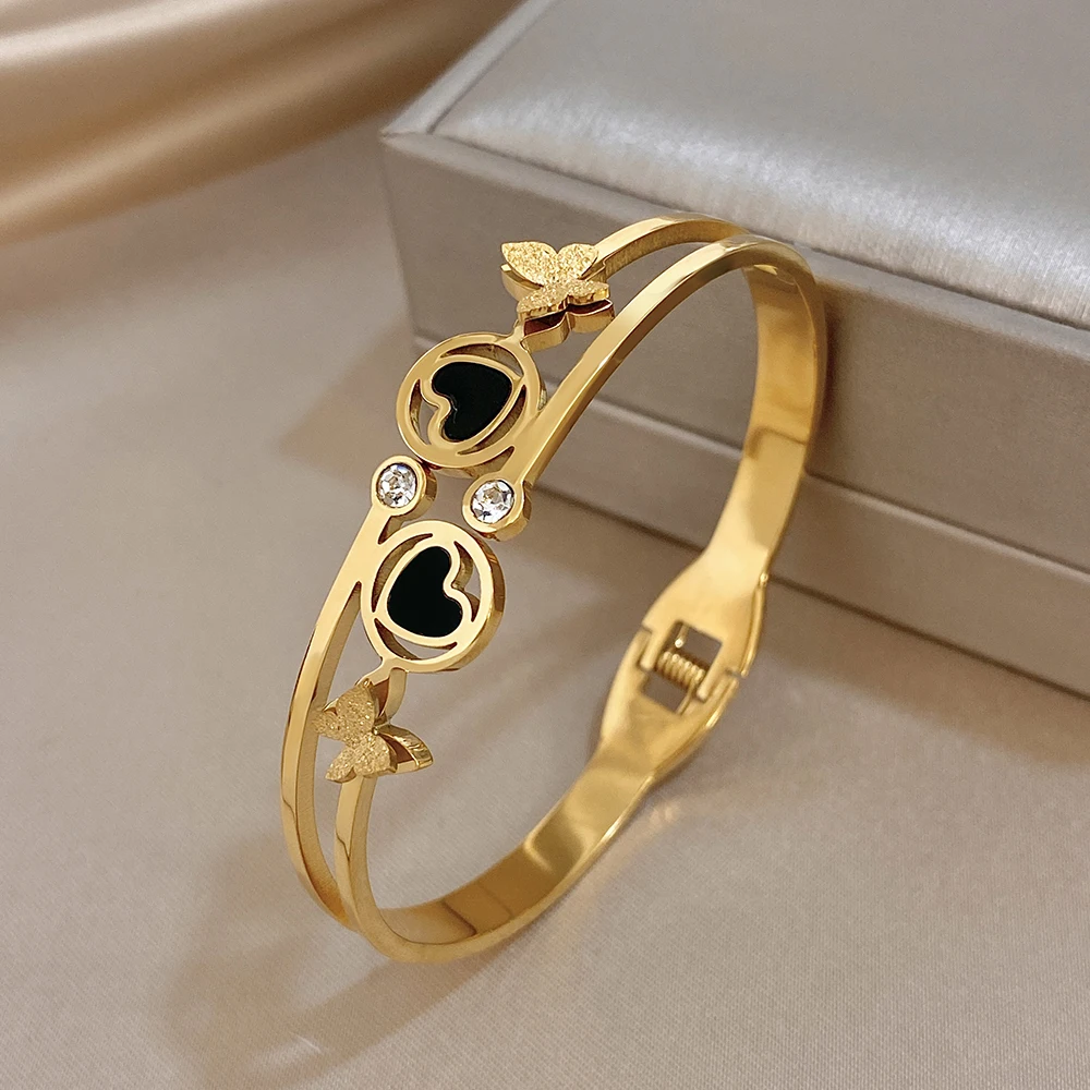 Greatera Black Gold Contrast Color Heart Double-layer Butterfly Bracelet Delicacy High Quality Rhinestone Inlaid Women's Bangle