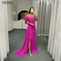 OEING Hot Pink Prom Dress Simple Feathers Side Split Mermaid Ladies Evening Dresses Special Occasion Gowns Vestidos De Fiesta