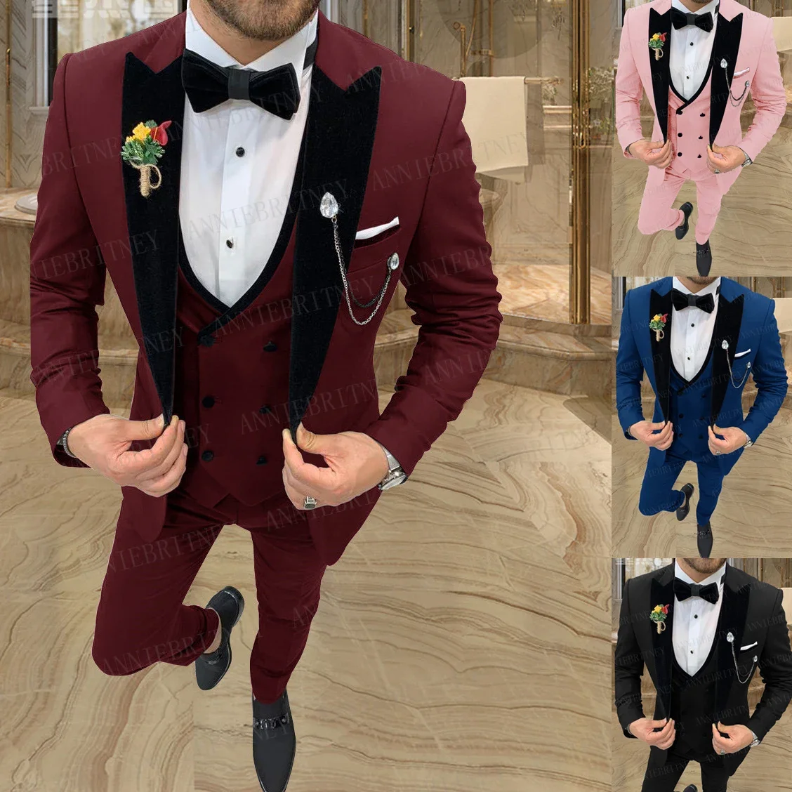 

New Designs Burgundy Suit Men 3 Piece Slim Fit Wedding Groom Suit Dress Tuxedo Dinner Blazer Double Breasted Vest With Pants Set