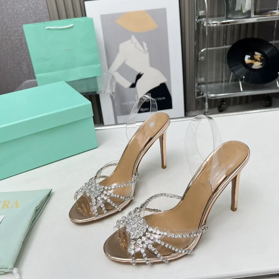 2024 Transparent Film Handmade Rhinestone Leather Outsole Fashionable and Sexy Pineapple High Heels Sandals