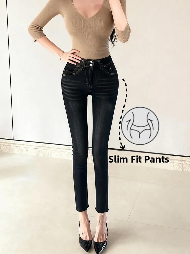 

American Sle Spicy Girl Embroidery Design Bla Slim Fit Jeans Double Bule High Waist Slimming Elastic Nine-Tenths Denim
