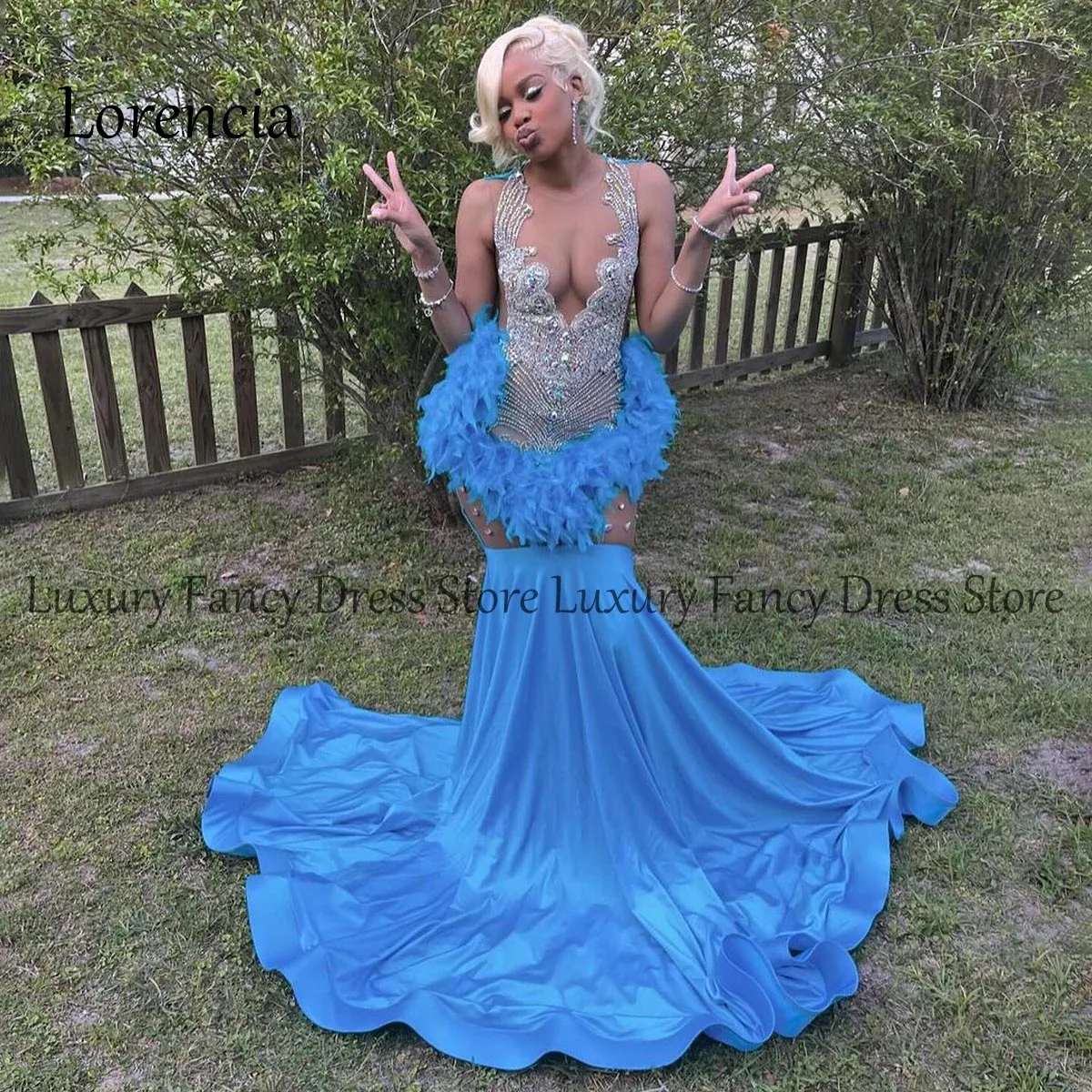 Sparkly Diamonds Long Prom Dresses Feather Sparkly Beads Rhinestone Crystal Sequins Birthday Party Gown Wedding Reception Robe