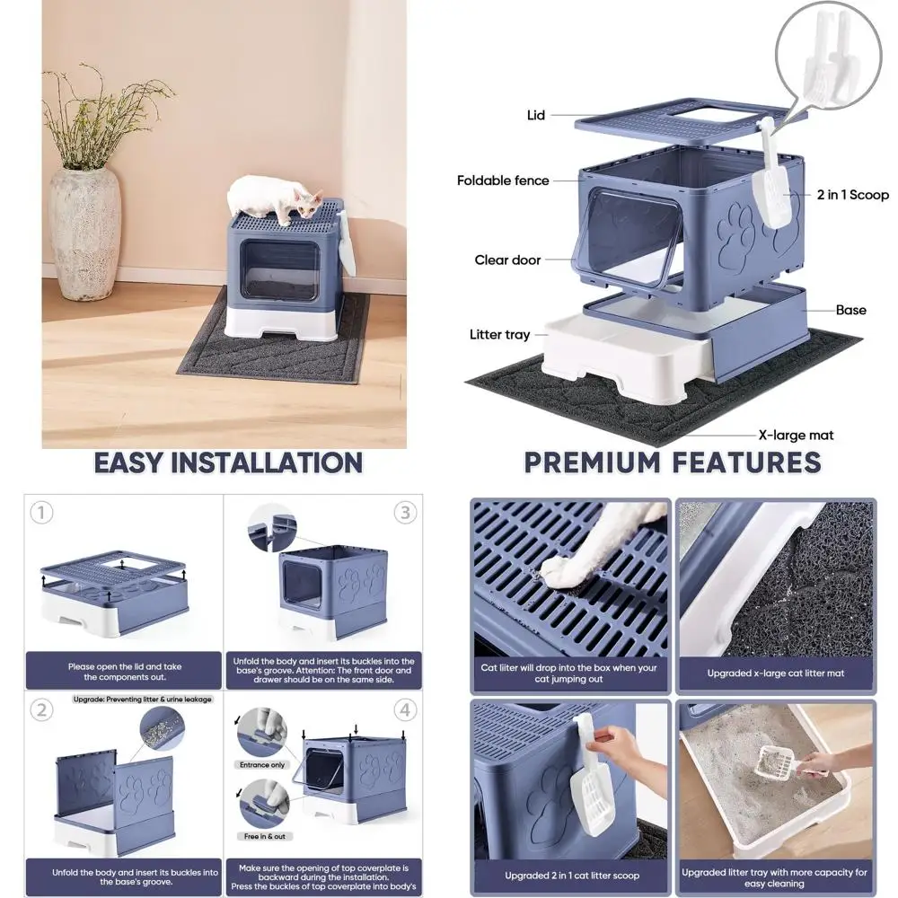 

Extra-Large Litter Mat and Scoop Included, Foldable Large Litter Box with Lid, Enclosed Cat Box, Front Entry/Exit, Odor-Controll
