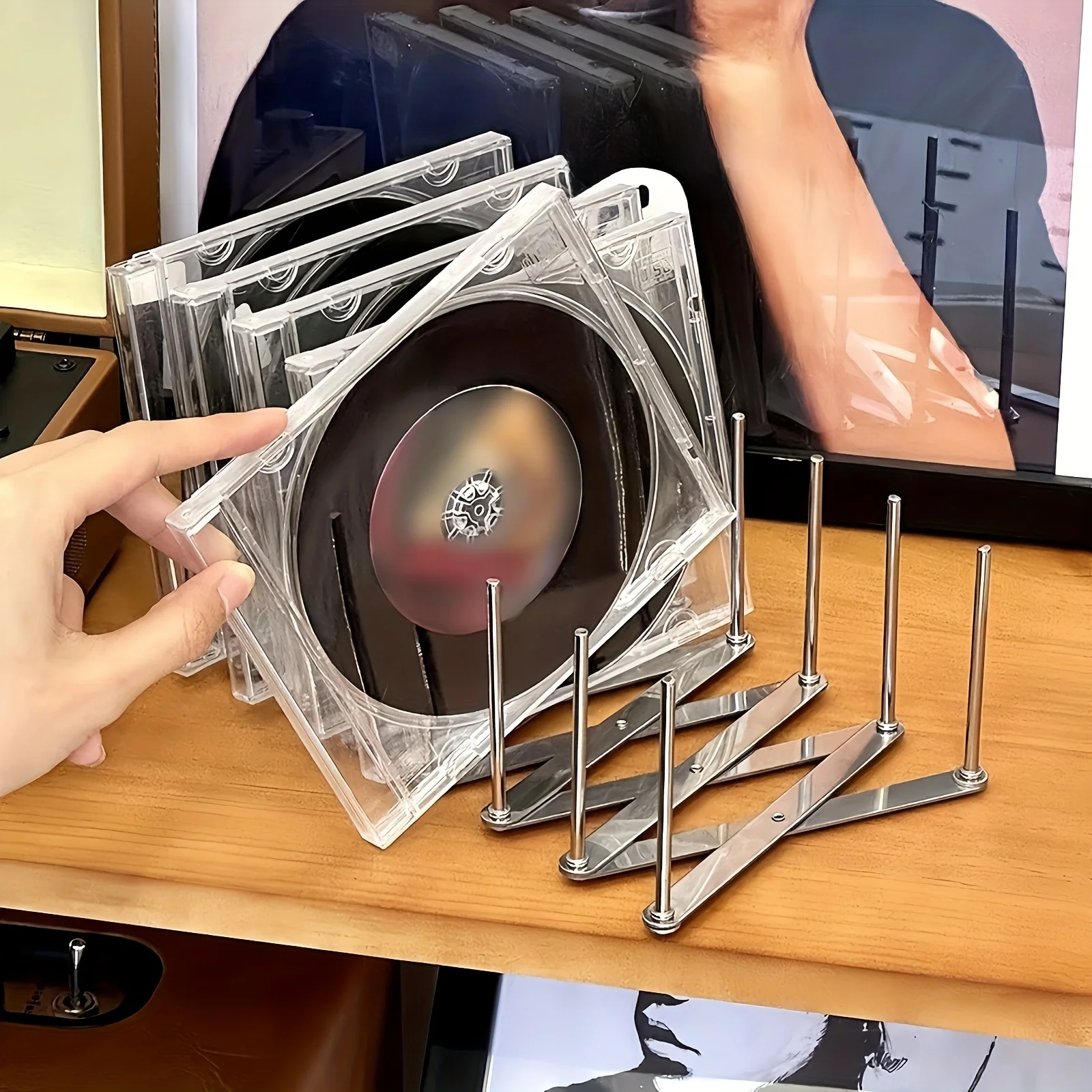 Adjustable CD Display Stand - Media Storage Rack, Stainless Steel Rust-Resistant Tiered Shelf for Vinyl Records, Cassette