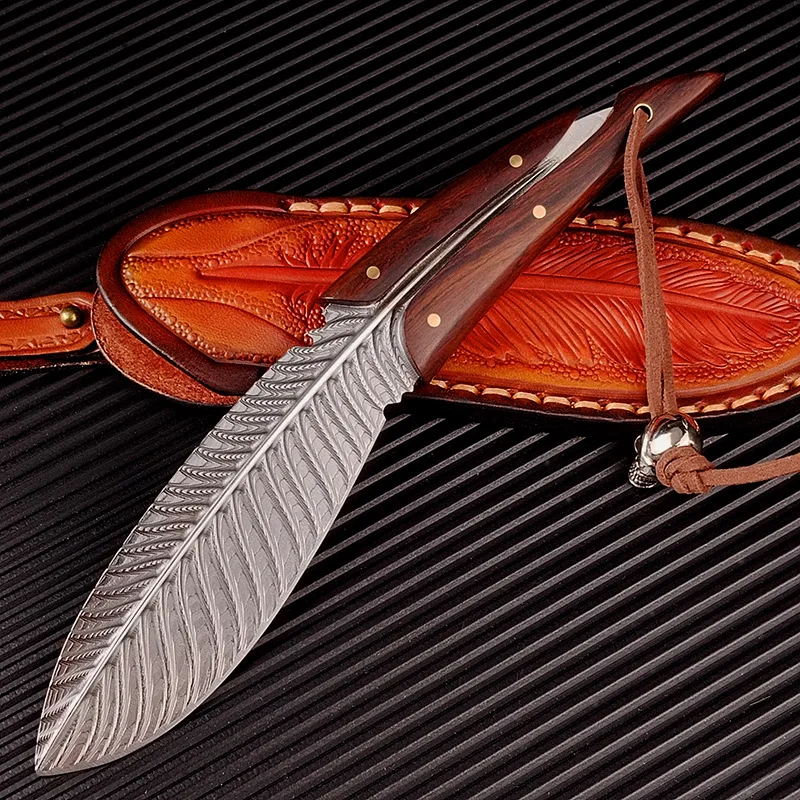 

Damascus One-piece Straight Knife High Quality Steel Feather Knife Outdoor Hand Knife High Hardness Pattern Outdoor Tools